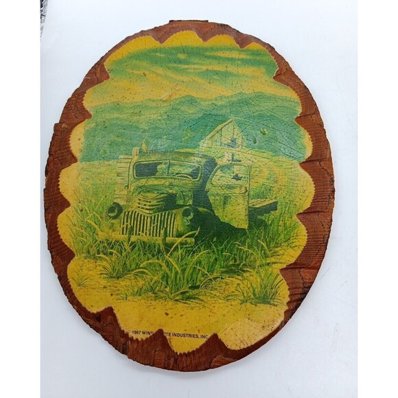 Wintermute Oval Wood Slice Wall Plaque Boys Kids Tractor Truck Farm Country Vtg - Picture 2 of 14